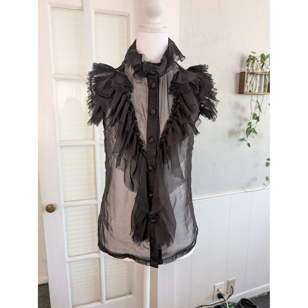 Romantic sheer black ruffle blouse small